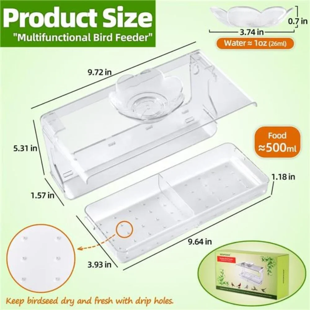 Window Bird Feeder with Non-Marking Self-Adhesive Hooks, Clear and Transparent